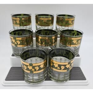 Set of 8 Vintage CERA Rocks Glasses 24 K Gold & Green Grapes Greek Columns MCM